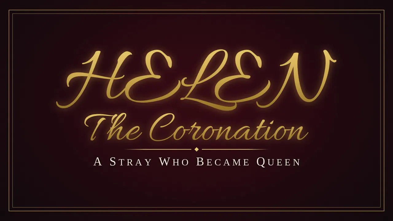 Title card: HELEN, The Coronation, A Stray Who Became Queen, gold script on deep red